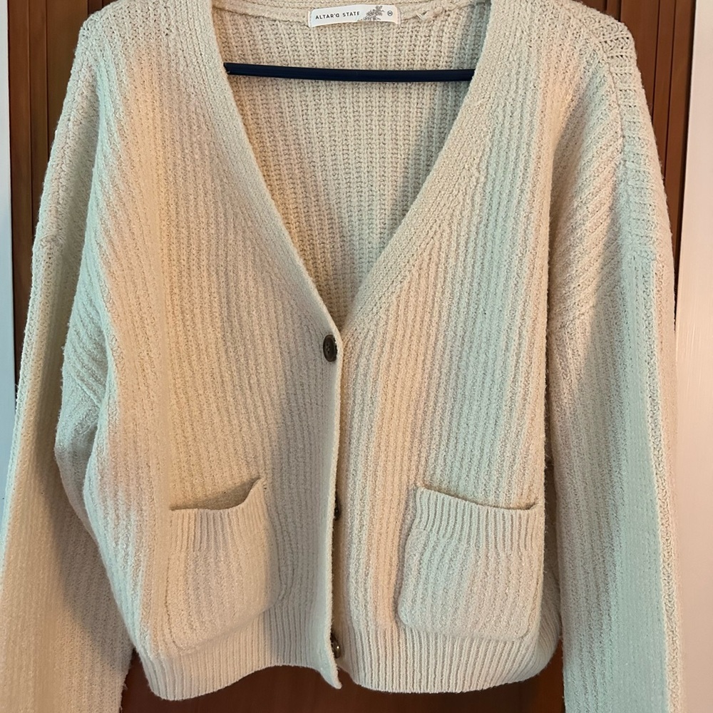Altered State Cream V-Neck Ribbed Button Cardigan Sweater